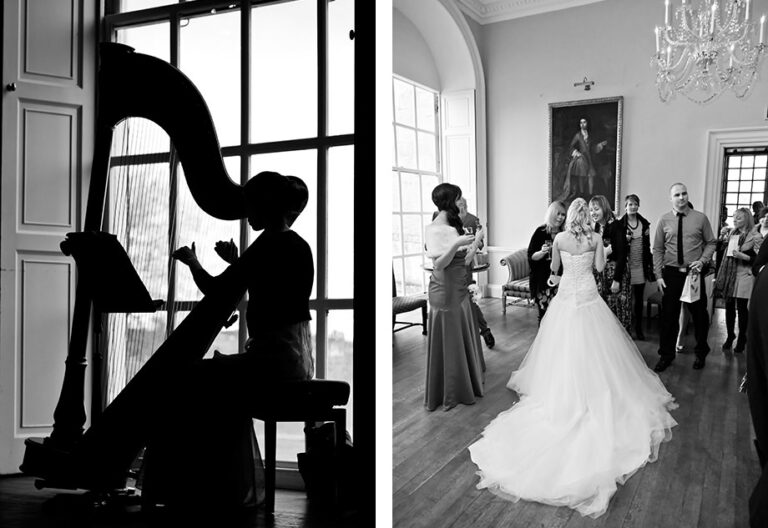 harpist plays at a wedding at halswell house